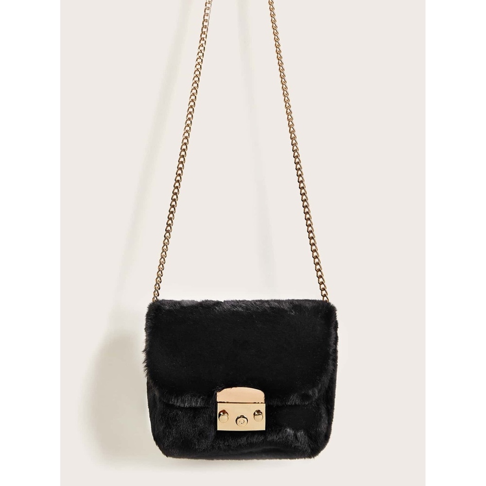 Black Faux Fur Metal Lock Chain Crossbody Bag